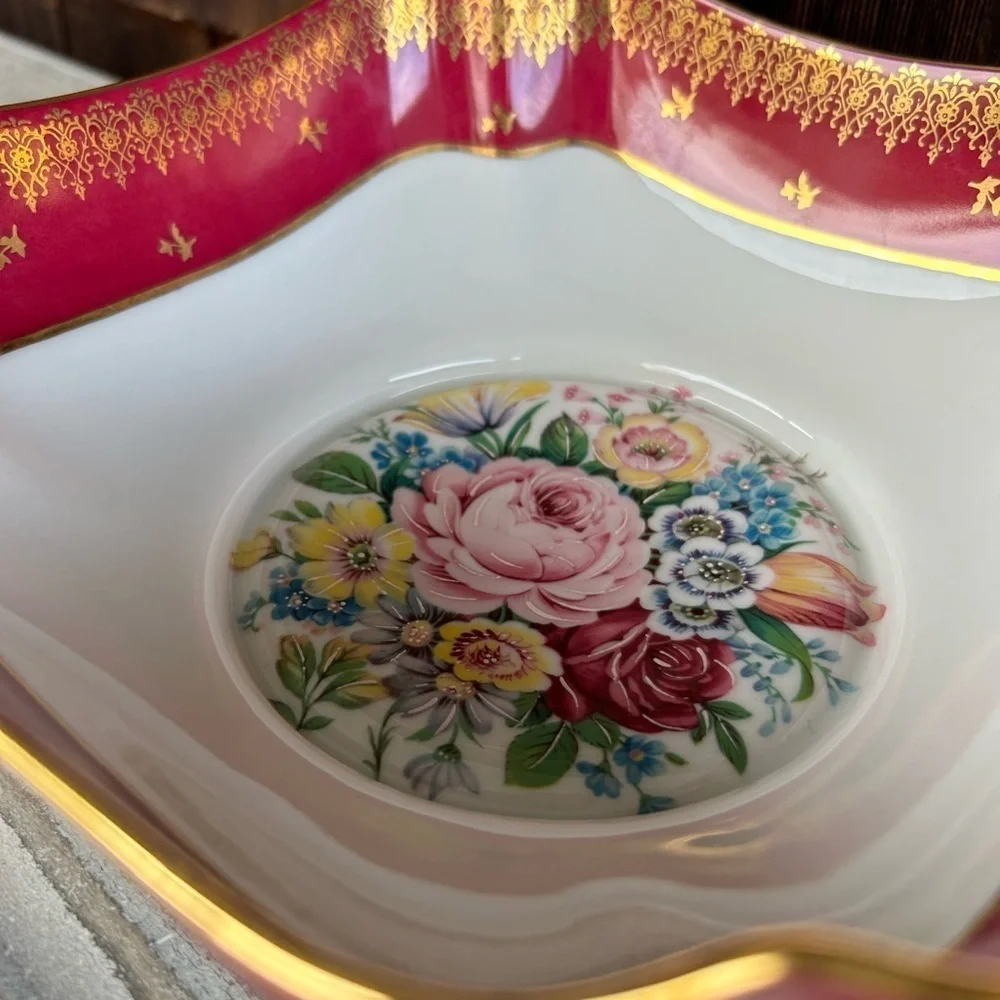 Vintage French Floral Pink Ornate Square Bowl with Gold Trim. Limogues France